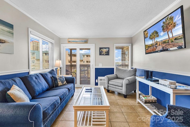 9660 Shore Dr Unit 208, Myrtle Beach, SC 29572 - tiled living area with crown molding and a textured ceiling