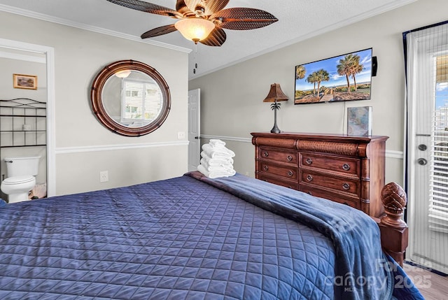 9660 Shore Dr Unit 208, Myrtle Beach, SC 29572 - bedroom with crown molding, a ceiling fan, and wood finished floors