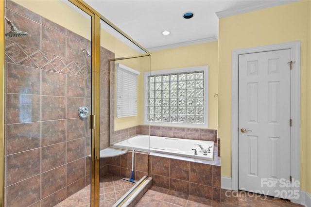 1760 Jacobs Way, Sherrills Ford, NC 28673 - bathroom with a garden tub, a stall shower, ornamental molding, tile patterned flooring, and recessed lighting
