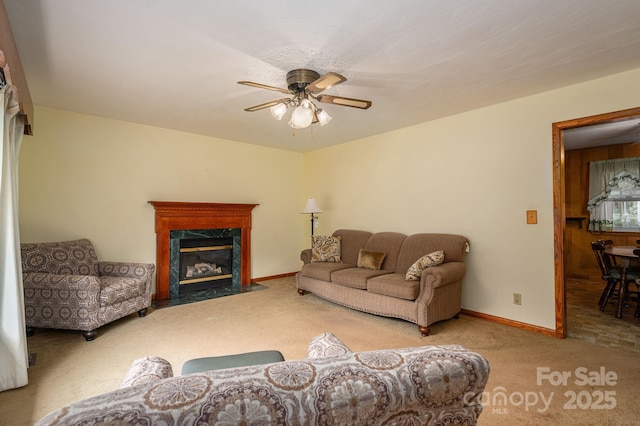 115 Patterson Rd, Kings Mountain, NC 28086 - carpeted living area with a high end fireplace and a ceiling fan