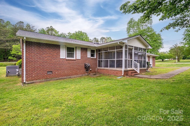115 Patterson Rd, Kings Mountain, NC 28086 - rear view of house featuring a sunroom, a yard, brick siding, and crawl space