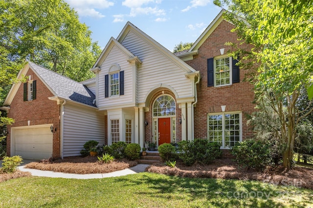 3710 Cheleys Ridge Ln, Charlotte, NC 28270 - traditional-style home featuring brick siding, a front yard, a garage, and a shingled roof