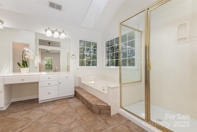 3710 Cheleys Ridge Ln, Charlotte, NC 28270 - bathroom with a shower stall, a garden tub, vanity, and vaulted ceiling