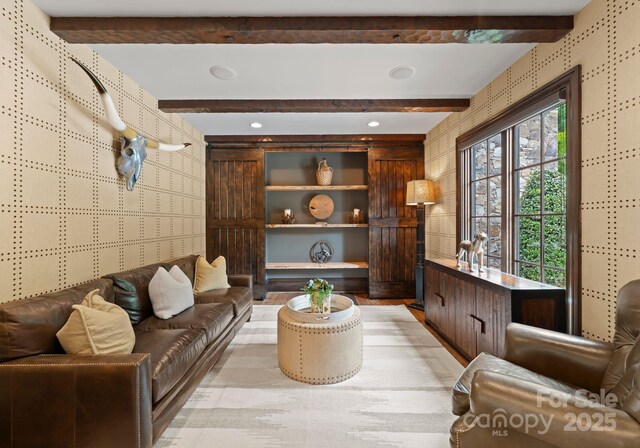 172 Tennessee Cir, Mooresville, NC 28117 - living room featuring recessed lighting, beamed ceiling, and light wood-style flooring