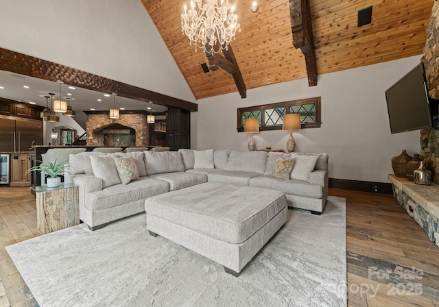172 Tennessee Cir, Mooresville, NC 28117 - living area with light wood-style floors, high vaulted ceiling, wooden ceiling with exposed beams, a chandelier, and baseboards