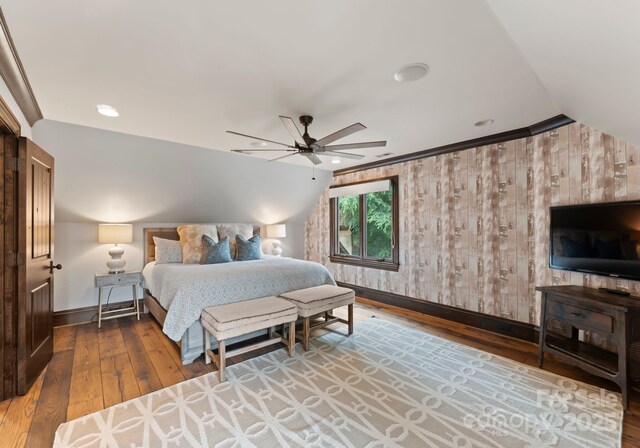 172 Tennessee Cir, Mooresville, NC 28117 - bedroom featuring wood-type flooring, lofted ceiling, baseboards, recessed lighting, and ceiling fan