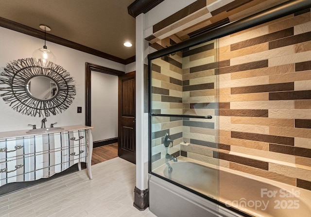 172 Tennessee Cir, Mooresville, NC 28117 - full bath featuring bath / shower combo with glass door, vanity, recessed lighting, wood finished floors, and ornamental molding