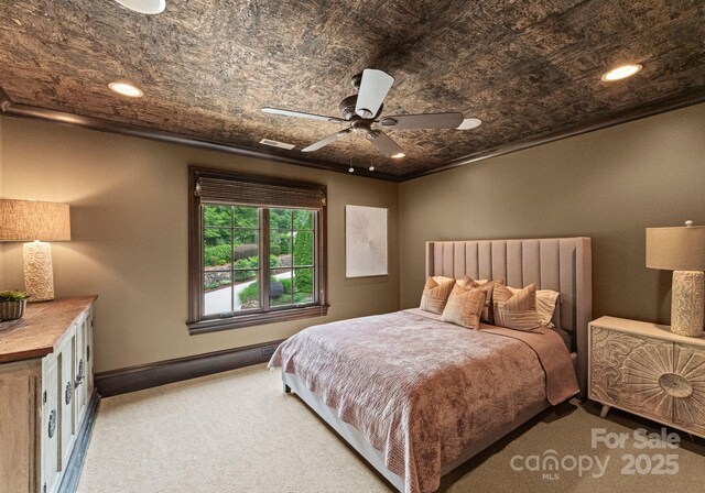 172 Tennessee Cir, Mooresville, NC 28117 - bedroom with carpet flooring, baseboards, recessed lighting, crown molding, and a ceiling fan