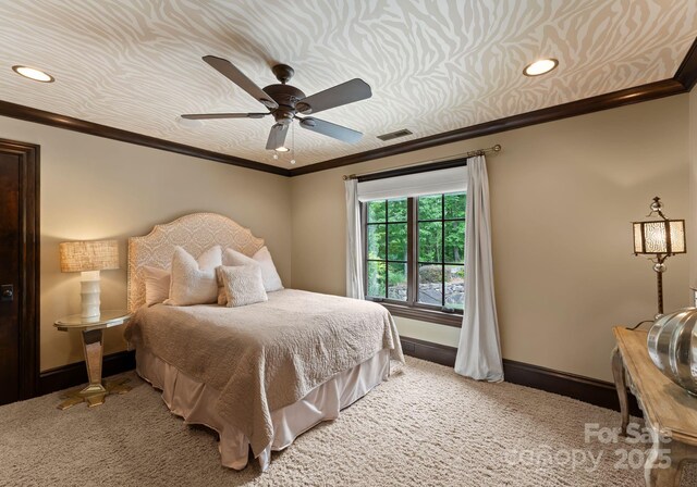 172 Tennessee Cir, Mooresville, NC 28117 - bedroom featuring crown molding, baseboards, carpet, recessed lighting, and a ceiling fan
