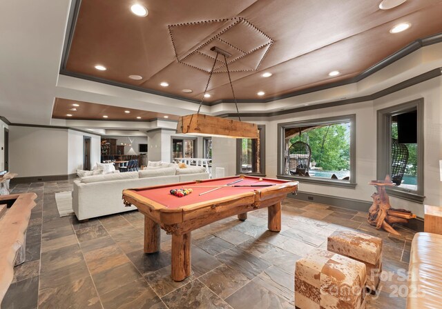 172 Tennessee Cir, Mooresville, NC 28117 - rec room with a raised ceiling, stone tile floors, billiards, baseboards, and crown molding