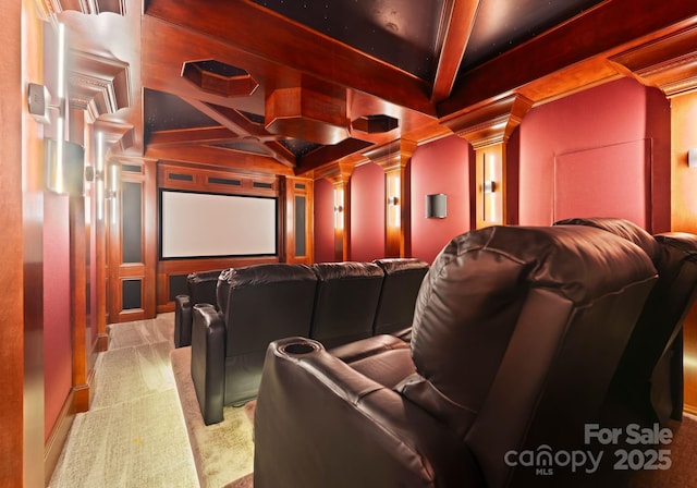 172 Tennessee Cir, Mooresville, NC 28117 - home theater featuring coffered ceiling, decorative columns, light carpet, and beamed ceiling