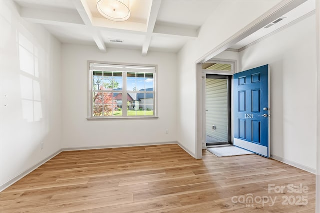 133 Water Leaf Dr, Weaverville, NC 28787 - foyer entrance with coffered ceiling, light wood-style floors, beam ceiling, and baseboards
