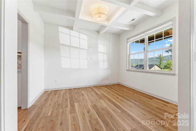 133 Water Leaf Dr, Weaverville, NC 28787 - spare room featuring coffered ceiling, beam ceiling, light wood-style floors, and baseboards