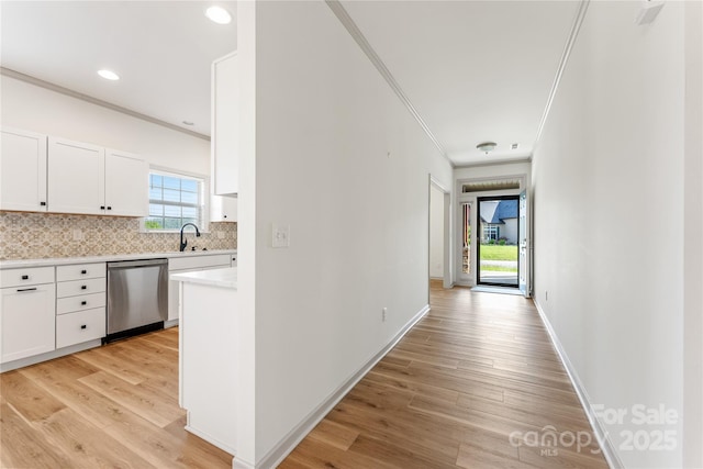 133 Water Leaf Dr, Weaverville, NC 28787 - corridor featuring ornamental molding, light wood-style flooring, a sink, baseboards, and recessed lighting