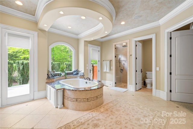 8451 Ridgewood Rd, Sherrills Ford, NC 28673 - full bath with crown molding, a bath, tile patterned floors, and a stall shower
