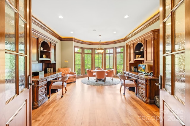 8451 Ridgewood Rd, Sherrills Ford, NC 28673 - office space featuring crown molding, recessed lighting, built in study area, and light wood-style floors
