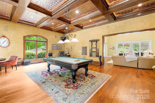 8451 Ridgewood Rd, Sherrills Ford, NC 28673 - recreation room featuring wood finished floors, billiards, beam ceiling, and coffered ceiling