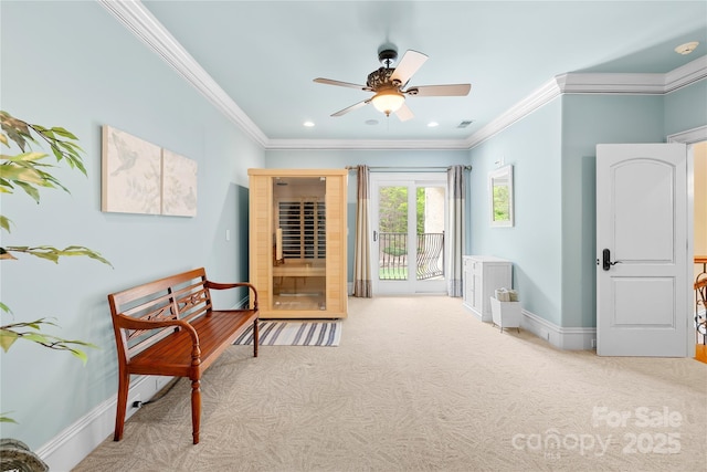 8451 Ridgewood Rd, Sherrills Ford, NC 28673 - living area with carpet floors, a ceiling fan, baseboards, and ornamental molding