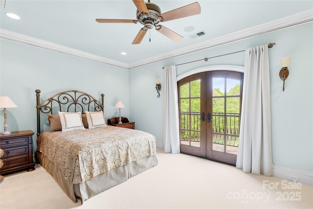 8451 Ridgewood Rd, Sherrills Ford, NC 28673 - bedroom featuring access to outside, carpet floors, french doors, visible vents, and ornamental molding