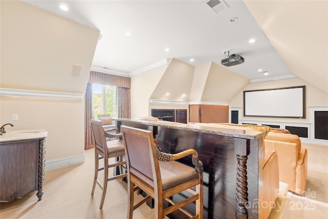 8451 Ridgewood Rd, Sherrills Ford, NC 28673 - cinema room with light carpet, a sink, baseboards, lofted ceiling, and visible vents