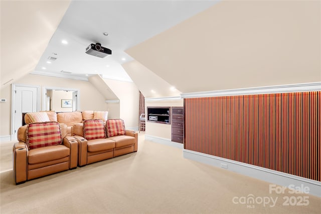 8451 Ridgewood Rd, Sherrills Ford, NC 28673 - home theater room with carpet floors, recessed lighting, and vaulted ceiling