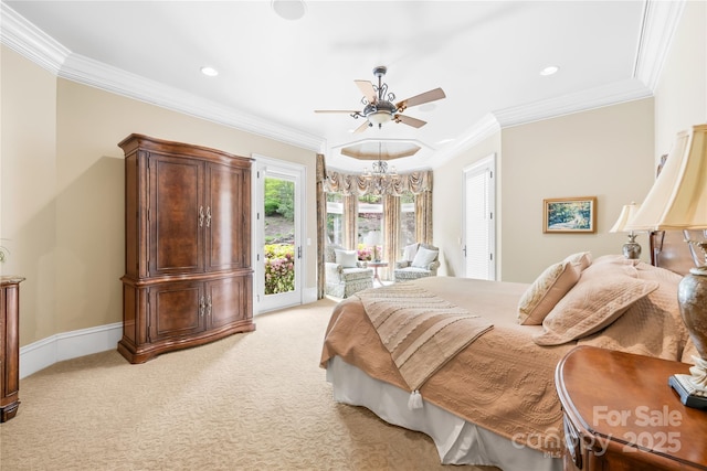 8451 Ridgewood Rd, Sherrills Ford, NC 28673 - bedroom with crown molding, access to outside, ceiling fan, light carpet, and recessed lighting