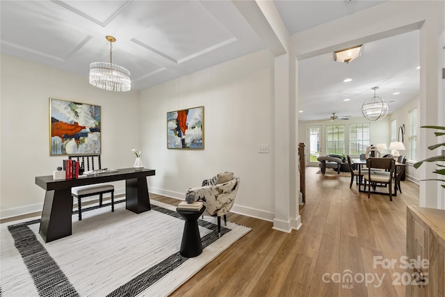 2638 Double Oaks Rd, Charlotte, NC 28206 - office area featuring a chandelier, baseboards, wood finished floors, recessed lighting, and coffered ceiling
