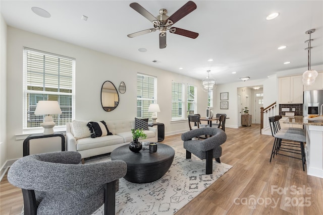 2638 Double Oaks Rd, Charlotte, NC 28206 - living area with ceiling fan, light wood finished floors, recessed lighting, and baseboards