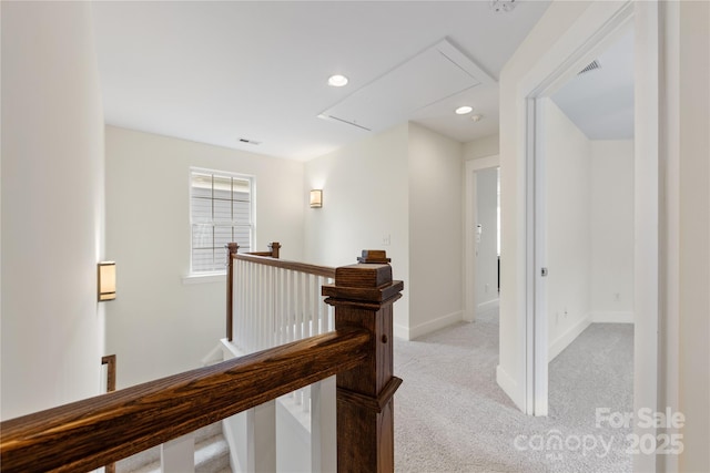 2638 Double Oaks Rd, Charlotte, NC 28206 - hall featuring attic access, an upstairs landing, light colored carpet, baseboards, and recessed lighting