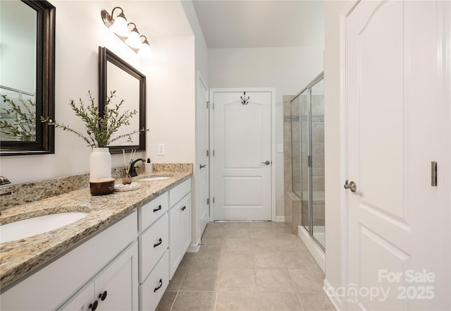 full bath with a shower stall and double vanity