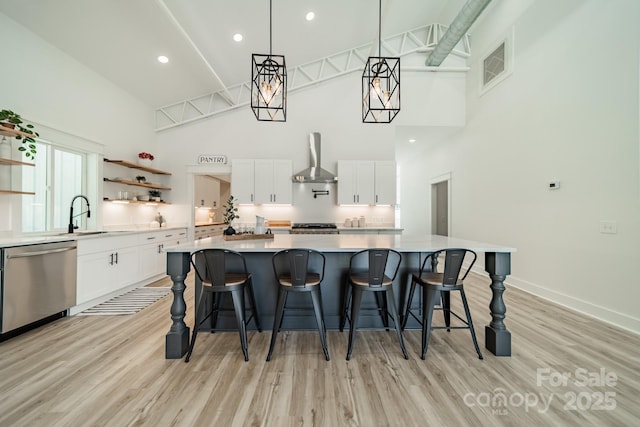 kitchen featuring wall chimney range hood, a sink, high vaulted ceiling, stainless steel dishwasher, and visible vents