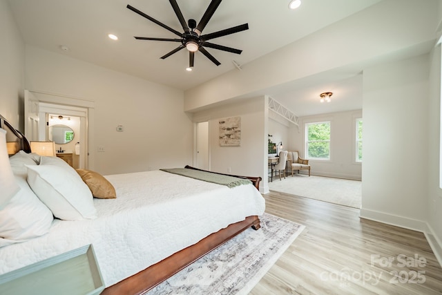bedroom with recessed lighting, baseboards, ceiling fan, and wood finished floors