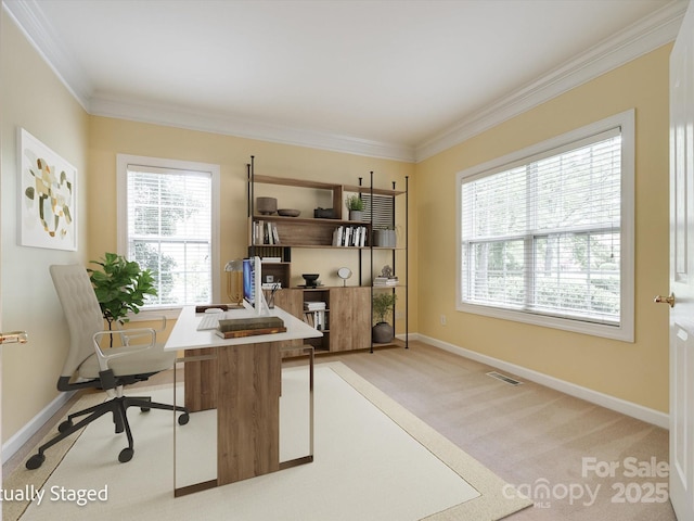 office featuring visible vents, baseboards, crown molding, and light carpet