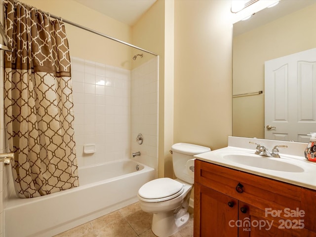 bathroom featuring vanity, shower / bathtub combination with curtain, tile patterned flooring, and toilet