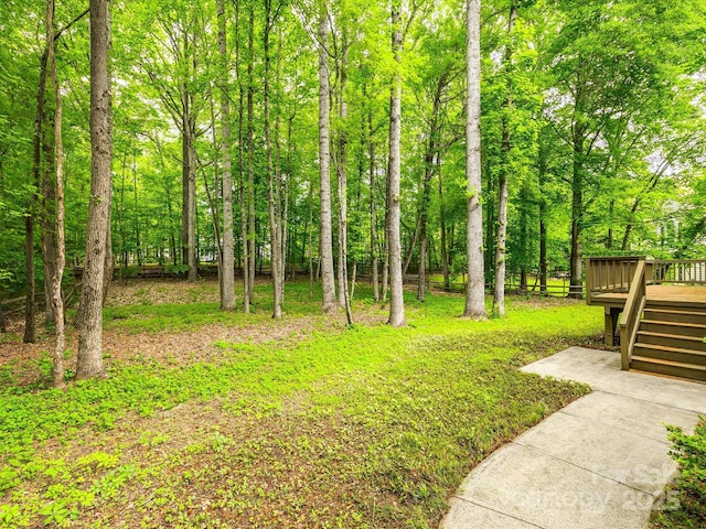 view of yard with a wooden deck and stairs