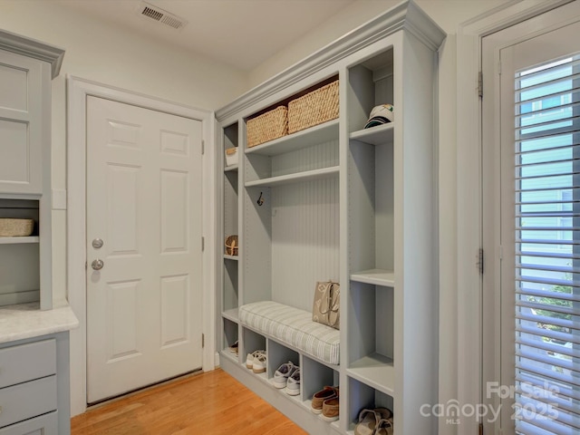 mudroom with visible vents, light wood finished floors, and plenty of natural light