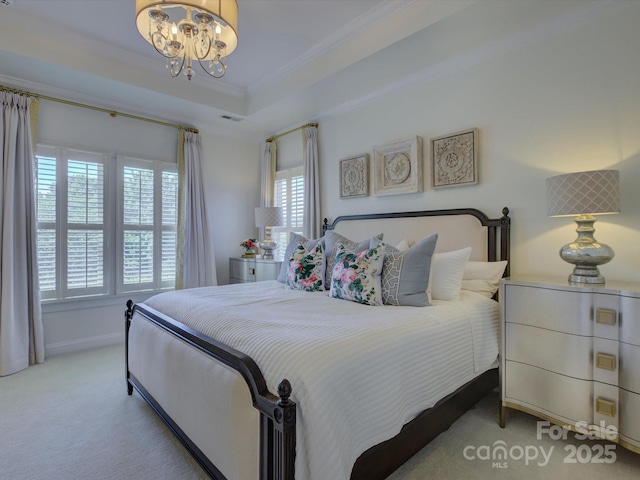 bedroom with visible vents, baseboards, a chandelier, ornamental molding, and light carpet