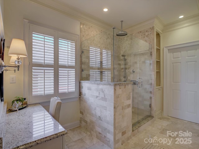 full bathroom featuring crown molding, recessed lighting, and a shower stall