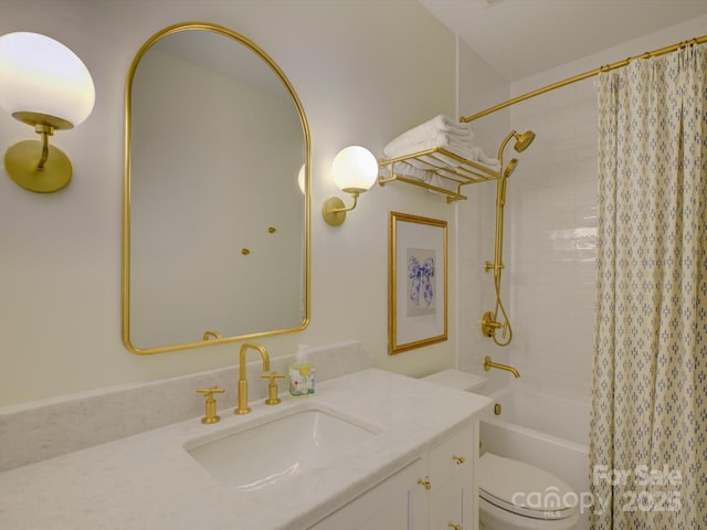 bathroom with toilet, shower / tub combo with curtain, and vanity