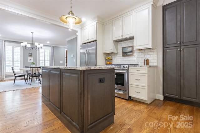 1517 Waverly Ave, Charlotte, NC 28203 - kitchen with appliances with stainless steel finishes, ornamental molding, white cabinets, backsplash, and a chandelier