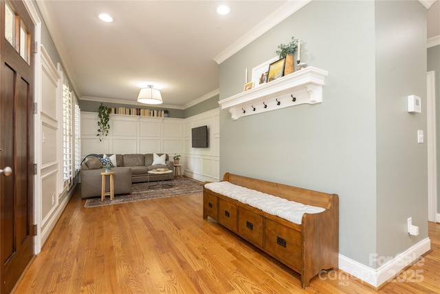 1517 Waverly Ave, Charlotte, NC 28203 - mudroom featuring ornamental molding, wood finished floors, recessed lighting, a decorative wall, and baseboards