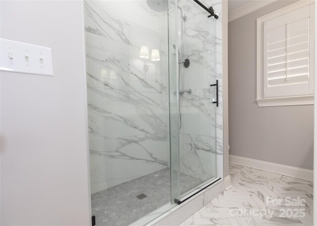 1517 Waverly Ave, Charlotte, NC 28203 - bathroom featuring a marble finish shower, marble finish flooring, and baseboards