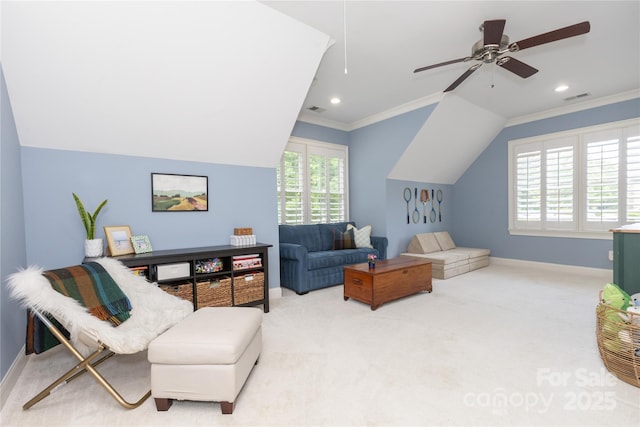 1517 Waverly Ave, Charlotte, NC 28203 - carpeted living area featuring ornamental molding, vaulted ceiling, baseboards, ceiling fan, and recessed lighting