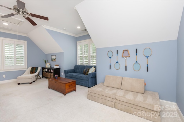 1517 Waverly Ave, Charlotte, NC 28203 - living area featuring ceiling fan, vaulted ceiling, carpet, baseboards, and ornamental molding