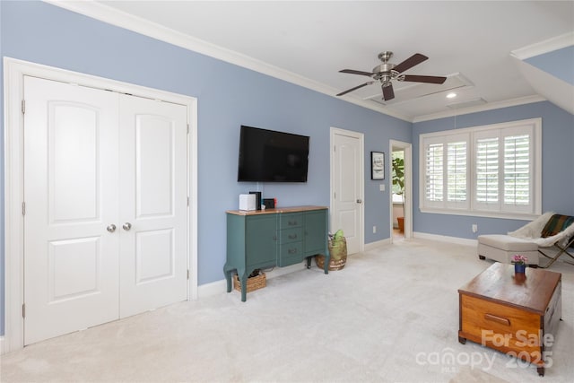 1517 Waverly Ave, Charlotte, NC 28203 - living room featuring attic access, a ceiling fan, carpet floors, crown molding, and baseboards
