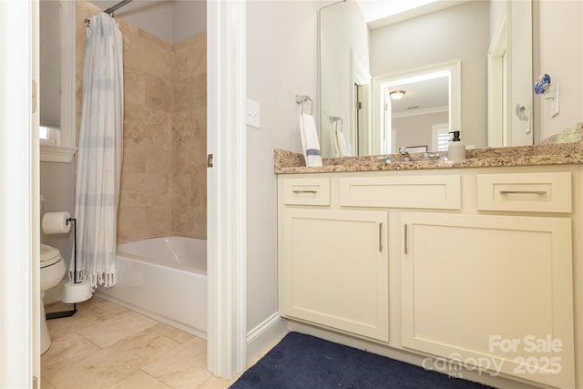 1517 Waverly Ave, Charlotte, NC 28203 - full bath featuring toilet, shower / tub combo with curtain, vanity, baseboards, and tile patterned floors