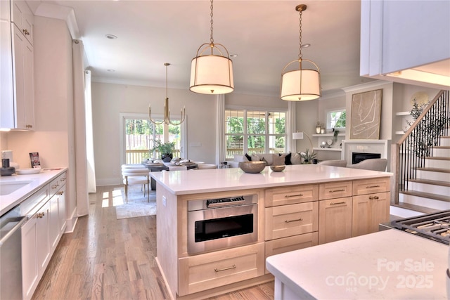 116 S Broad St, Waxhaw, NC 28173 - kitchen with stainless steel dishwasher, a healthy amount of sunlight, light wood finished floors, and a fireplace