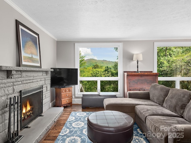 living room with a stone fireplace, ornamental molding, a textured ceiling, and wood finished floors