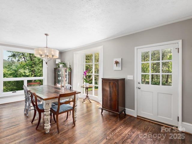 dining room with crown molding, a textured ceiling, dark wood-type flooring, and a chandelier