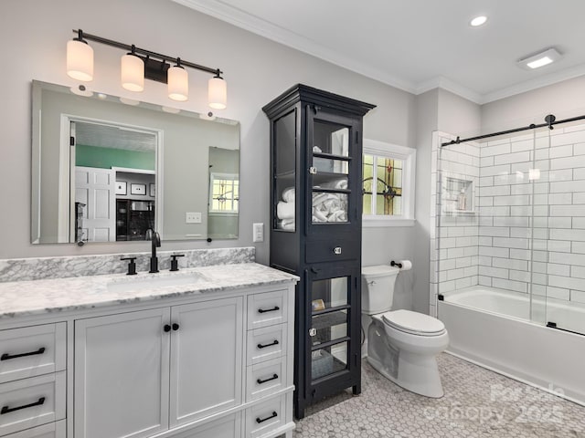 full bath with vanity, crown molding, bathing tub / shower combination, and toilet